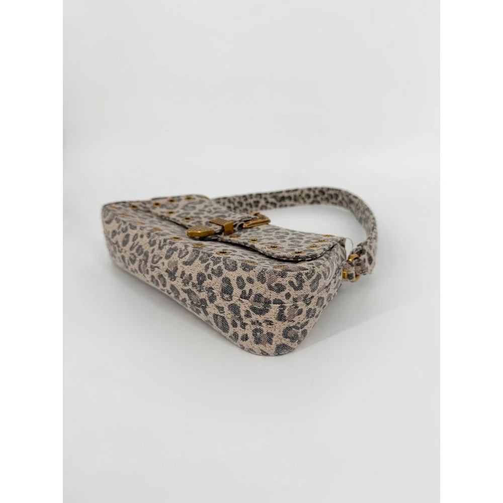 Betsey Johnson Leopard Print Baguette Shoulder Bag Grommet Western Buckle Tan